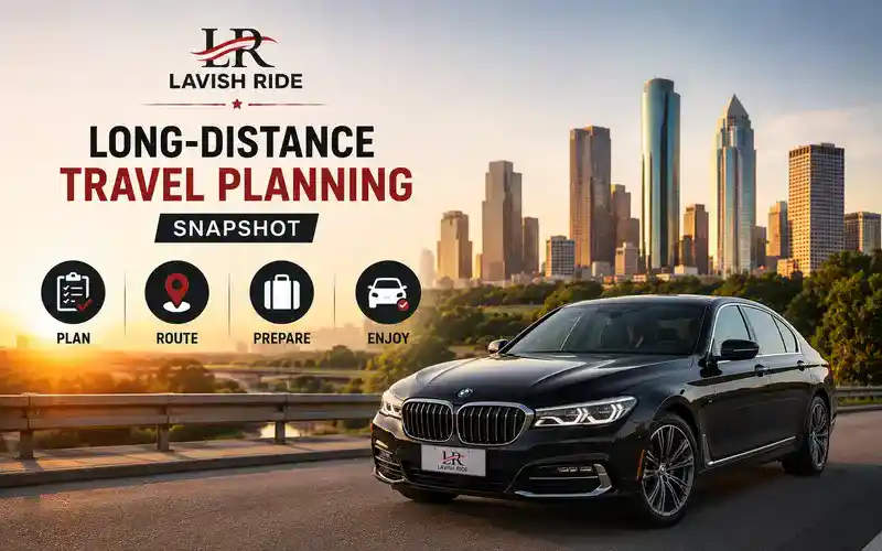 Long-distance travel planning infographic featuring luxury transportation, route preparation, scheduling, comfort, luggage planning, and stress-free intercity travel across Texas.
